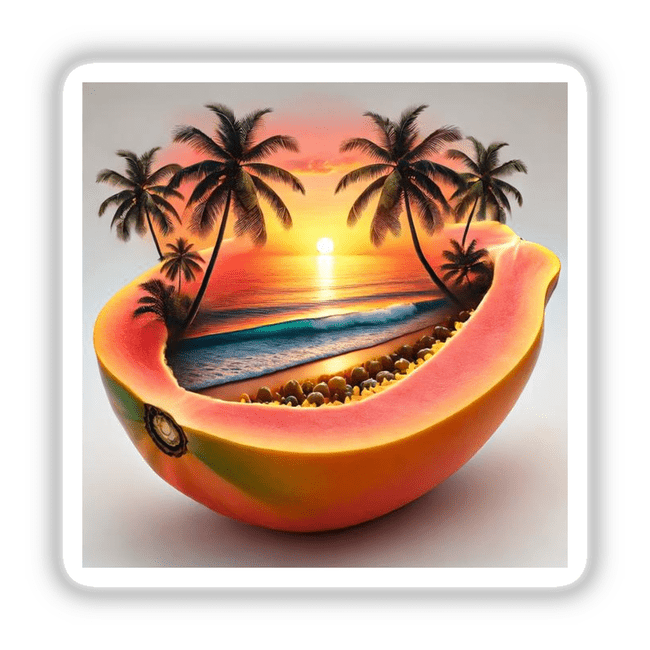 Sunset in the Tropics Beach Scene Inside a Papaya, depicting a beach, palm trees, and a sunset, available as stickers or digital artwork from Decal Venue.