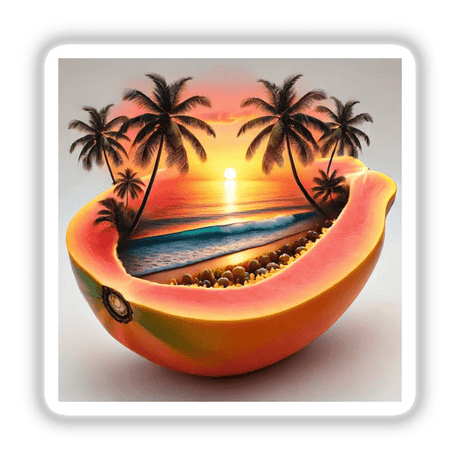 Sunset in the Tropics Beach Scene Inside a Papaya, depicting a beach, palm trees, and a sunset, available as stickers or digital artwork from Decal Venue.