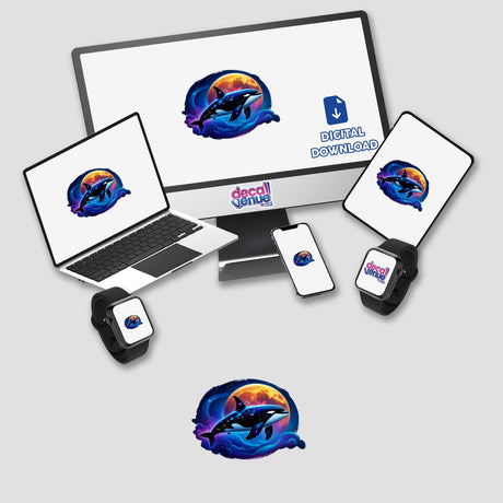 A Cute Magical Orca artwork displayed on a laptop screen with a charming dolphin logo, available as stickers or digital art from Decal Venue, specializing in unique vinyl stickers and digital creations.