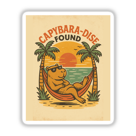 Cartoon capybara relaxing in a hammock between palm trees, part of Capybara-Dise Found Sticker or Clipart, with commercial rights, offering a playful tropical pun design.