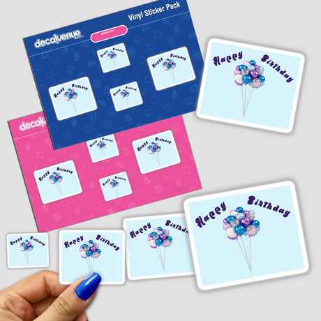 Colorful digital artwork depicting a cheerful bunch of multicolored balloons with white strings on a blue background, showcased in a Decal Venue vinyl sticker pack.