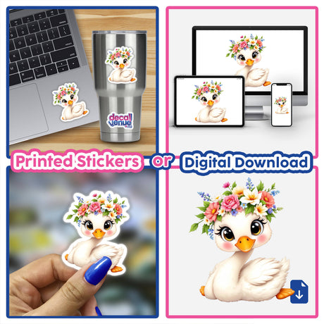 Elegant Swan with a Flower Crown collage featuring cartoon swan adorned with floral headpiece, available as stickers and digital art from Decal Venue, highlighting grace and beauty.