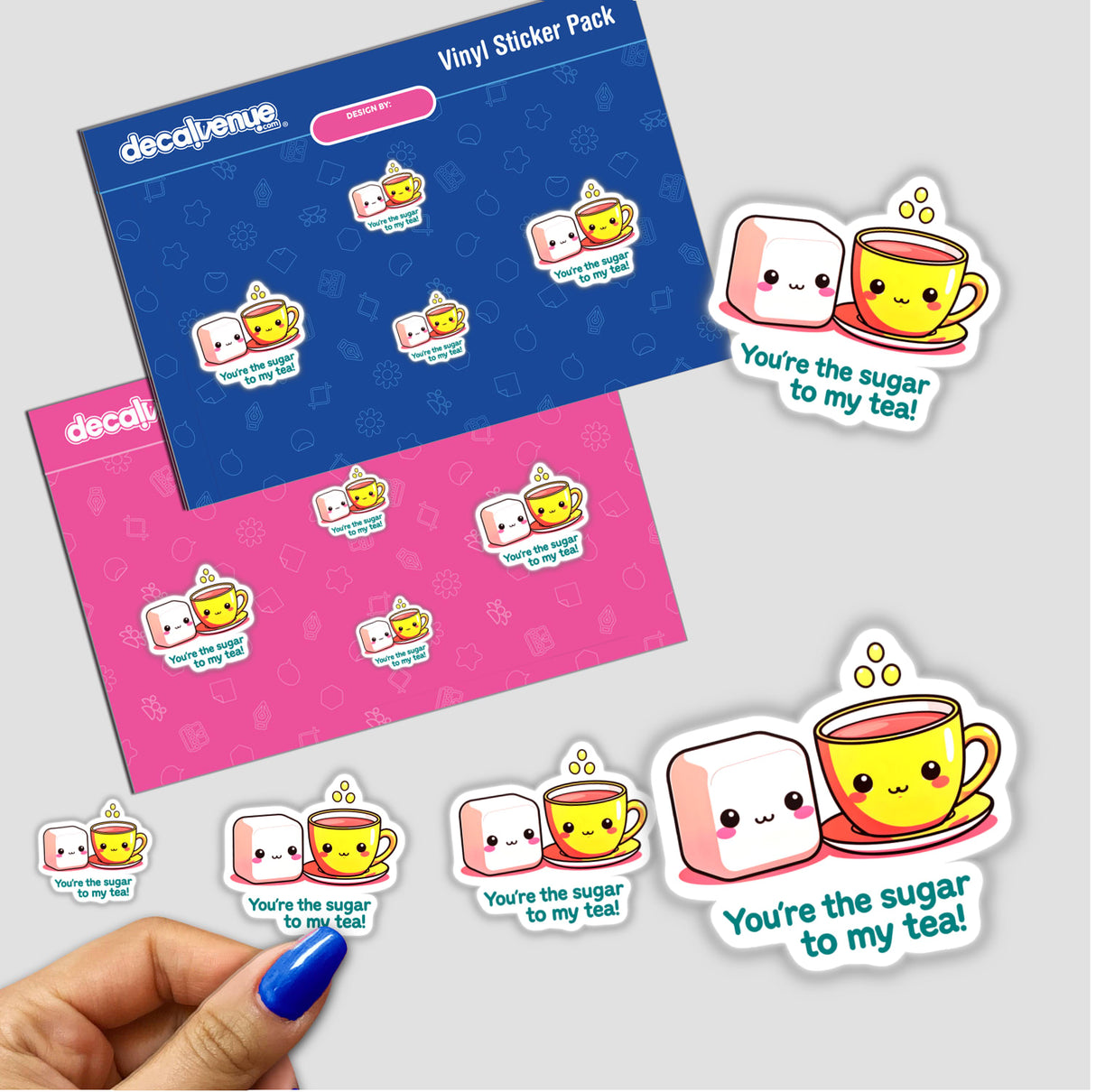 You're The Sugar To My Tea Funny Love Quote sticker featuring cartoon characters, including a teacup and sugar cube, perfect as unique vinyl art from Decal Venue.