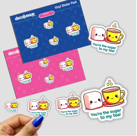 You're The Sugar To My Tea Funny Love Quote sticker featuring cartoon characters, including a teacup and sugar cube, perfect as unique vinyl art from Decal Venue.