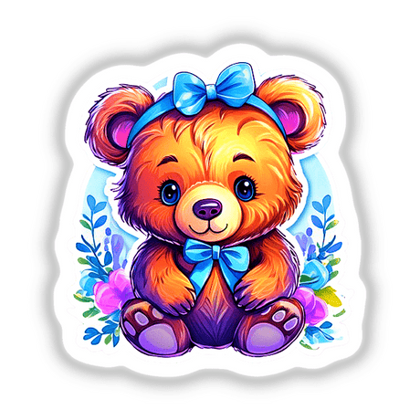 Baby bear cartoon with a bow, available as stickers or digital artwork.