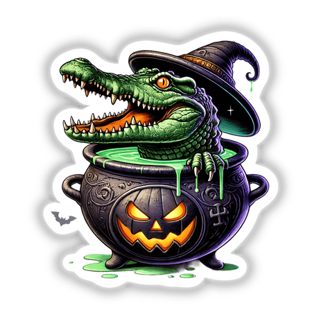 Crocodile peeking out of cauldron Halloween digital artwork with pumpkin and bats