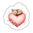 Cozy Sleeping Fox with Roses and Hearts: A serene fox rests on a heart amidst delicate roses, available as unique vinyl stickers or enchanting digital artwork from Decal Venue.
