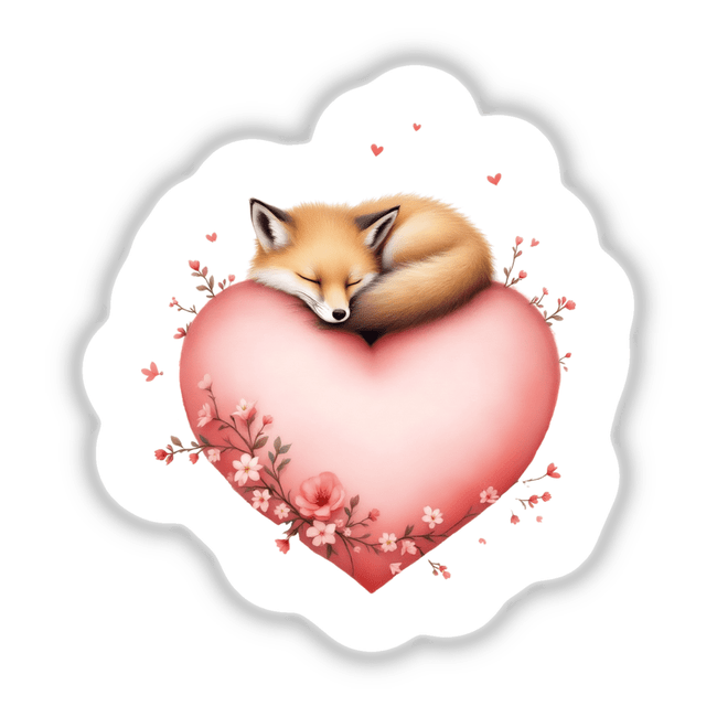 Cozy Sleeping Fox with Roses and Hearts: A serene fox rests on a heart amidst delicate roses, available as unique vinyl stickers or enchanting digital artwork from Decal Venue.