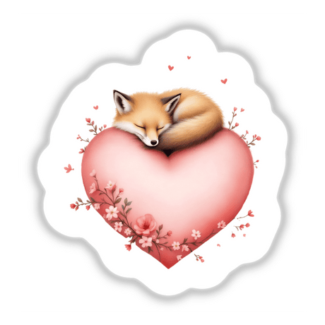 Cozy Sleeping Fox with Roses and Hearts: A serene fox rests on a heart amidst delicate roses, available as unique vinyl stickers or enchanting digital artwork from Decal Venue.