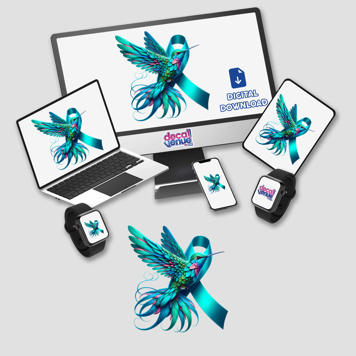 Hummingbird Teal Ribbon Cervical Cancer Awareness design displayed on a laptop and monitor screen, available as stickers or digital artwork, highlighting the unique offerings at Decal Venue.