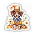 Dog dressed as a scarecrow in a hat and plaid shirt, featured in Cute Doxiepoo Scarecrow Clipart | Fall Dog Sticker | Halloween Digital Download with Commercial Rights.