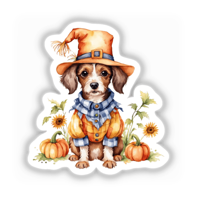 Dog dressed as a scarecrow in a hat and plaid shirt, featured in Cute Doxiepoo Scarecrow Clipart | Fall Dog Sticker | Halloween Digital Download with Commercial Rights.