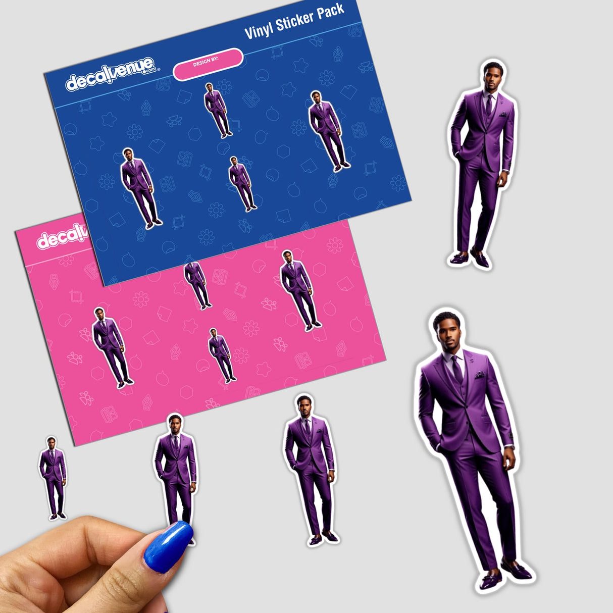 Handsome Male Model sticker held by a person, showcasing a man in a purple suit. Ideal for art enthusiasts, available as high-quality vinyl stickers or digital art from Decal Venue.