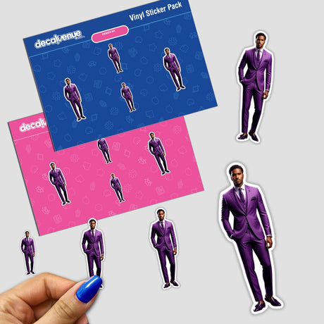 Handsome Male Model sticker held by a person, showcasing a man in a purple suit. Ideal for art enthusiasts, available as high-quality vinyl stickers or digital art from Decal Venue.