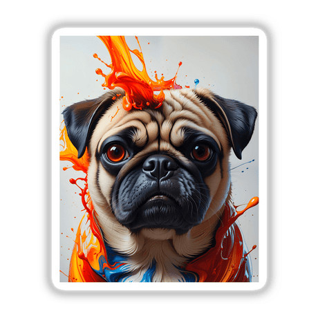 Cute Pug - Animal Portrait featuring a pug with dynamic splashes of paint around its head, available as unique stickers or digital artwork, capturing the playful essence of a beloved pet.