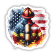 Firefighter Etched Into American Flag II: A digital artwork depicting a cartoon firefighter with a helmet, integrated into an American flag design, available as stickers or digital art.