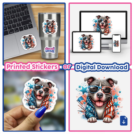 Patriotic American flag-wearing Pitbull dog digital artwork, available as printed stickers or digital downloads, showcased on various products including a laptop, devices, and in a hand-held sticker.