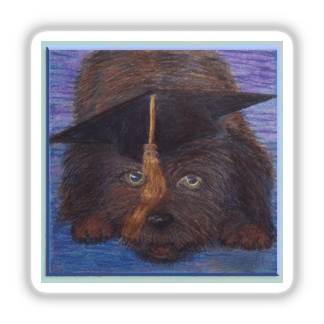 Puppy with graduation cap depicted in a playful sticker or digital artwork format, showcasing the adorable pup in a scholarly cap, ideal for celebrating academic achievements.