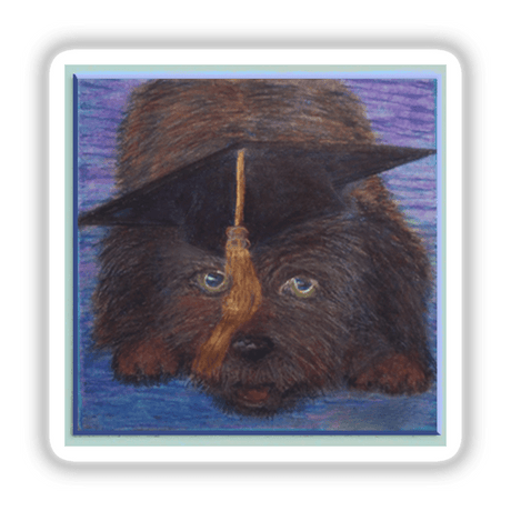 Puppy with graduation cap depicted in a playful sticker or digital artwork format, showcasing the adorable pup in a scholarly cap, ideal for celebrating academic achievements.