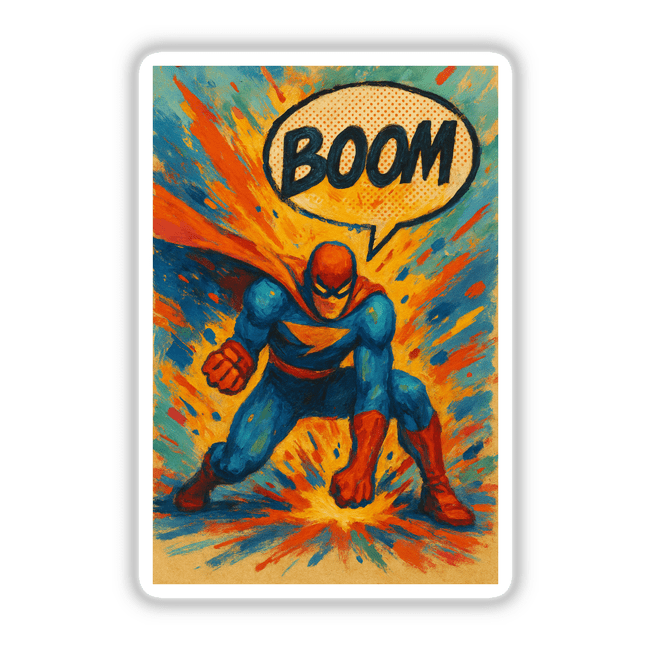 Boom Gouache Comic Book Sticker or Clipart with Commercial Rights, featuring motivational superhero art, ideal for stickers or digital artwork. Perfect for adding unique flair to any project.