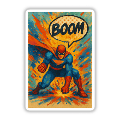 Boom Gouache Comic Book Sticker or Clipart with Commercial Rights, featuring motivational superhero art, ideal for stickers or digital artwork. Perfect for adding unique flair to any project.