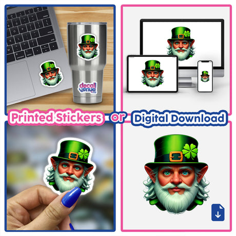 St. Patrick's Day Leprechaun collage featuring a leprechaun with a white beard and green hat, available as stickers or digital artwork, alongside images of a laptop and phone with leprechaun stickers.