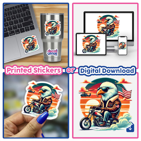 Aviator Eagle on a Chopper at Sunset digital artwork featuring a bald eagle riding a motorcycle, ideal for stickers or digital download.