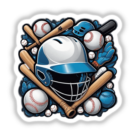 Baseball collage of sports equipment including a batting helmet, baseball bats, and baseballs.
