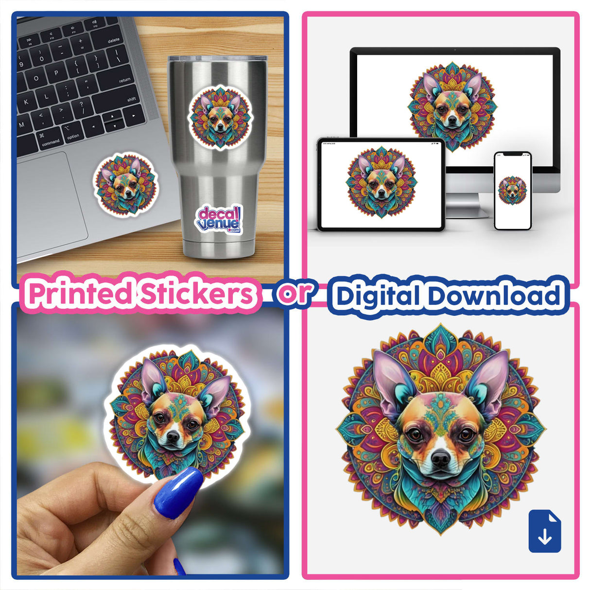 Colorful Chihuahua Mandala Clipart | Boho Style Chihuahua Stickers or Commercial Rights Download featuring vibrant dog designs on laptops, cups, and more. Unique stickers and digital art from Decal Venue.