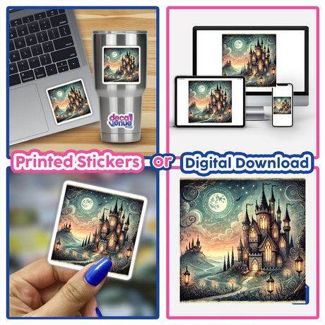 Collage of the Mystical Enchanted Castle at Dusk, featuring laptop stickers, digital artwork, and a mug with castle imagery.