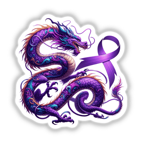Dragon Lavender Ribbon All Cancers Awareness: A captivating purple dragon adorned with a purple ribbon, available as unique stickers or digital artwork, reflecting Decal Venue's artistic vinyl sticker and digital art offerings.