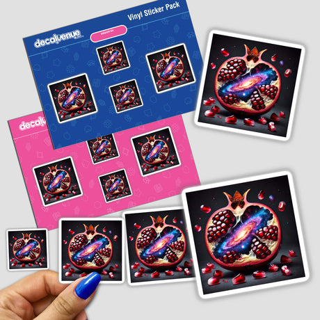 Hand holding a sticker pack featuring the Cosmic Jewel Galaxy Within a Pomegranate design, showcasing a cut-open pomegranate with a galaxy inside.