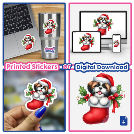 Peeking Santa Shih Tzu Dog in Christmas Stocking sticker collage, showcasing the festive design available as stickers or digital artwork from Decal Venue's unique collection.