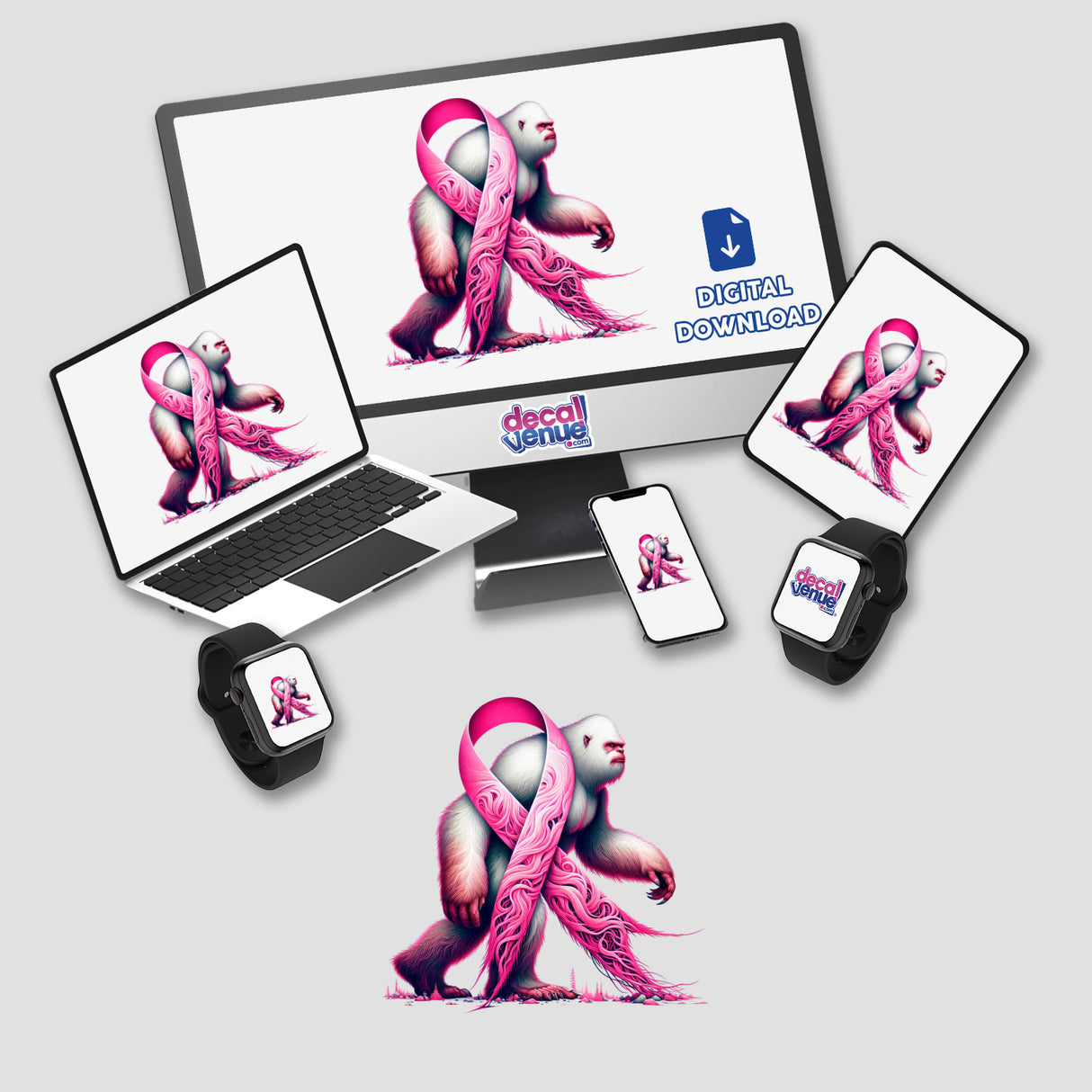 White Sasquatch Pink Ribbon Breast Cancer Awareness design displayed on a computer monitor and laptop, highlighting unique vinyl stickers or digital artwork available from Decal Venue.