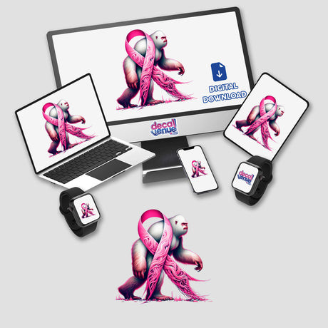 White Sasquatch Pink Ribbon Breast Cancer Awareness design displayed on a computer monitor and laptop, highlighting unique vinyl stickers or digital artwork available from Decal Venue.