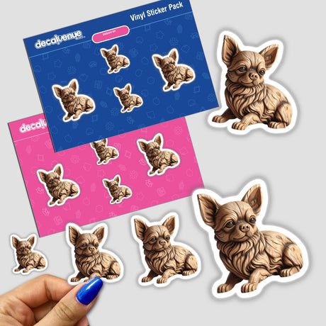 Carved Wood Chihuahua sculpture surrounded by various dog-themed stickers, available as part of Decal Venue's unique collection of stickers and digital artwork.