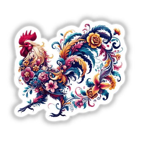 Floral Rooster illustration featuring a vibrant rooster surrounded by flowers, available as stickers or digital artwork.
