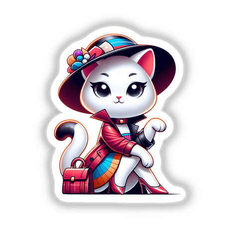 Trendy Cat: Cartoon cat in a hat and coat, available as stickers or digital artwork.