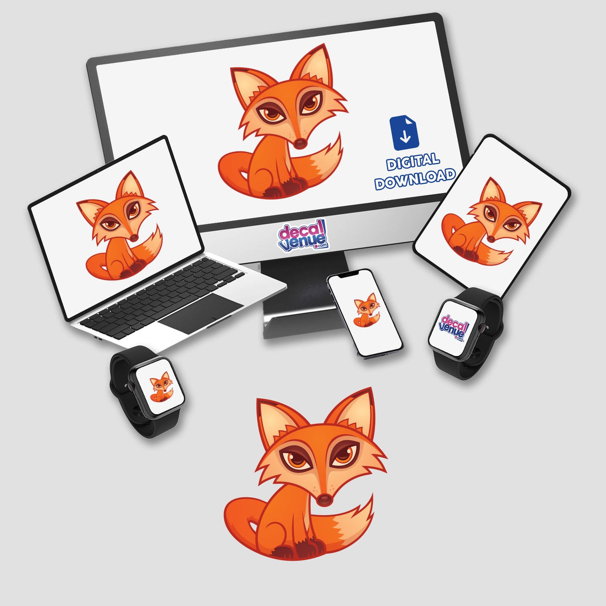 Cartoon Red Fox displayed on various digital devices, including a computer monitor and laptop, highlighting its versatility as a sticker pack or single stickers from Decal Venue.