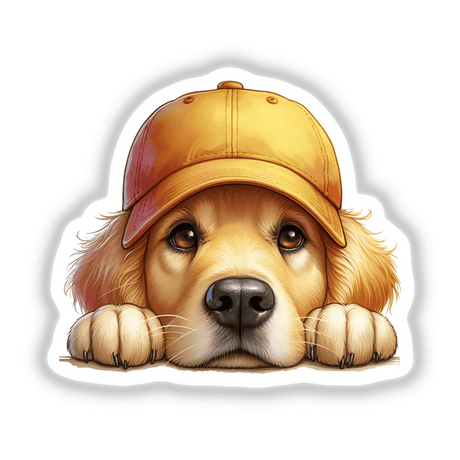 Peeking Golden Retriever Dog in Gold Baseball Cap