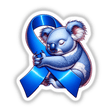Cartoon koala hugging a blue ribbon, symbolizing Colon Cancer Awareness, available as stickers or digital artwork from Decal Venue.