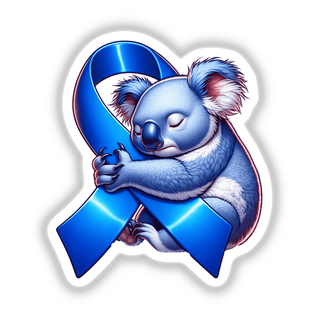 Cartoon koala hugging a blue ribbon, symbolizing Colon Cancer Awareness, available as stickers or digital artwork from Decal Venue.