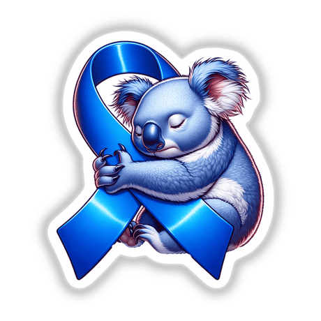 Cartoon koala hugging a blue ribbon, symbolizing Colon Cancer Awareness, available as stickers or digital artwork from Decal Venue.