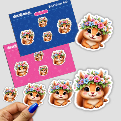 Charming Squirrel with a Flower Crown sticker pack, featuring whimsical cartoon squirrels adorned with vibrant flower crowns, perfect for adding playful charm to journals or laptops.