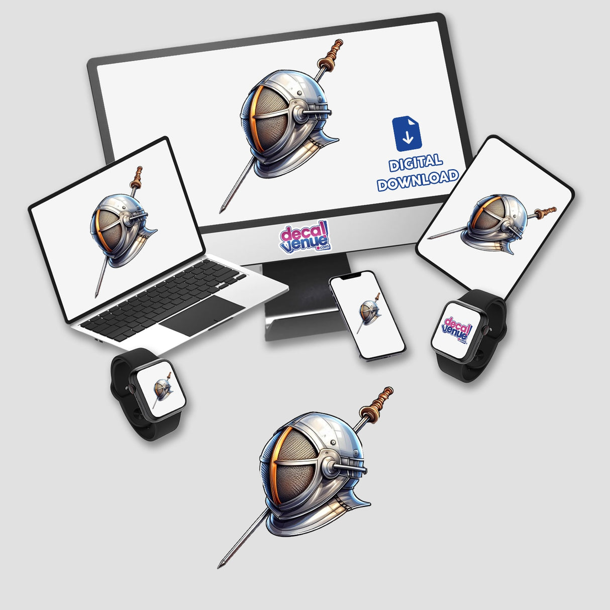 Vibrant digital illustration of a futuristic helmet with a sword, displayed on various electronic devices. The clean, modern design and colorful graphics suggest this is a digital artwork or sticker available for purchase from the Decal Venue store, an online marketplace for unique digital art and designs.