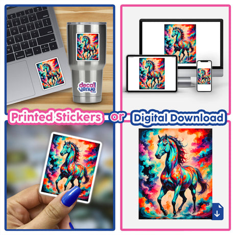 Collage showcasing A Beautiful Magical Horse as stickers and digital artwork, featuring various artistic representations of a horse on gadgets, emphasizing Decal Venue's unique vinyl stickers and digital art offerings.