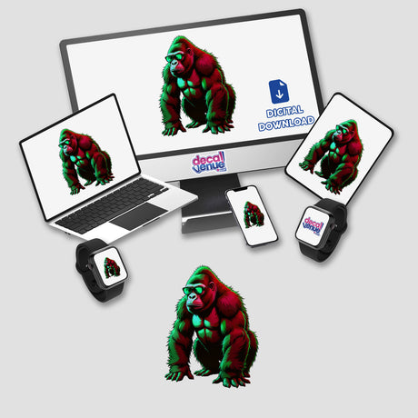 A Cool Gorilla displayed on a computer monitor and laptop screen, featuring a gorilla wearing sunglasses. Available as stickers or digital artwork from Decal Venue.