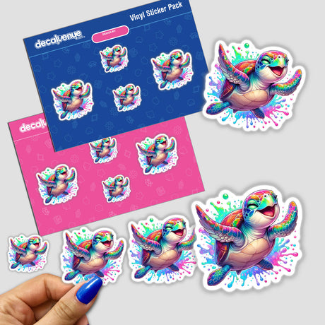 Colorful Happy Turtle Splash stickers featuring vibrant sea turtles with outstretched flippers, available as vinyl decals or digital art, showcasing playful designs from Decal Venue.
