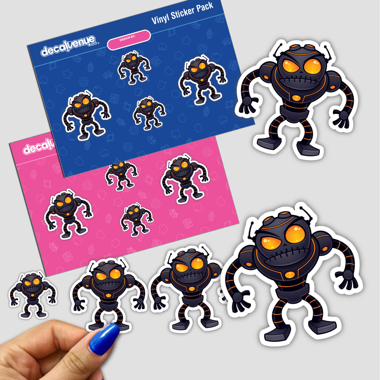 Angry Robot sticker pack featuring various cartoon robot designs, including single stickers, ideal for collectors and fans of unique decals from Decal Venue.
