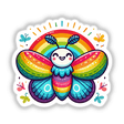 Colorful Rainbow Moth cartoon with vibrant wings, available as stickers or digital artwork.